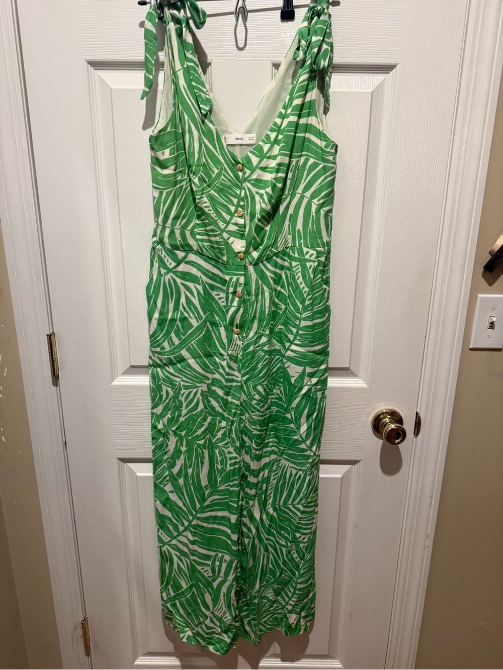 Mango Green and White Leaf-Print Tie-Shoulder jumpsuit